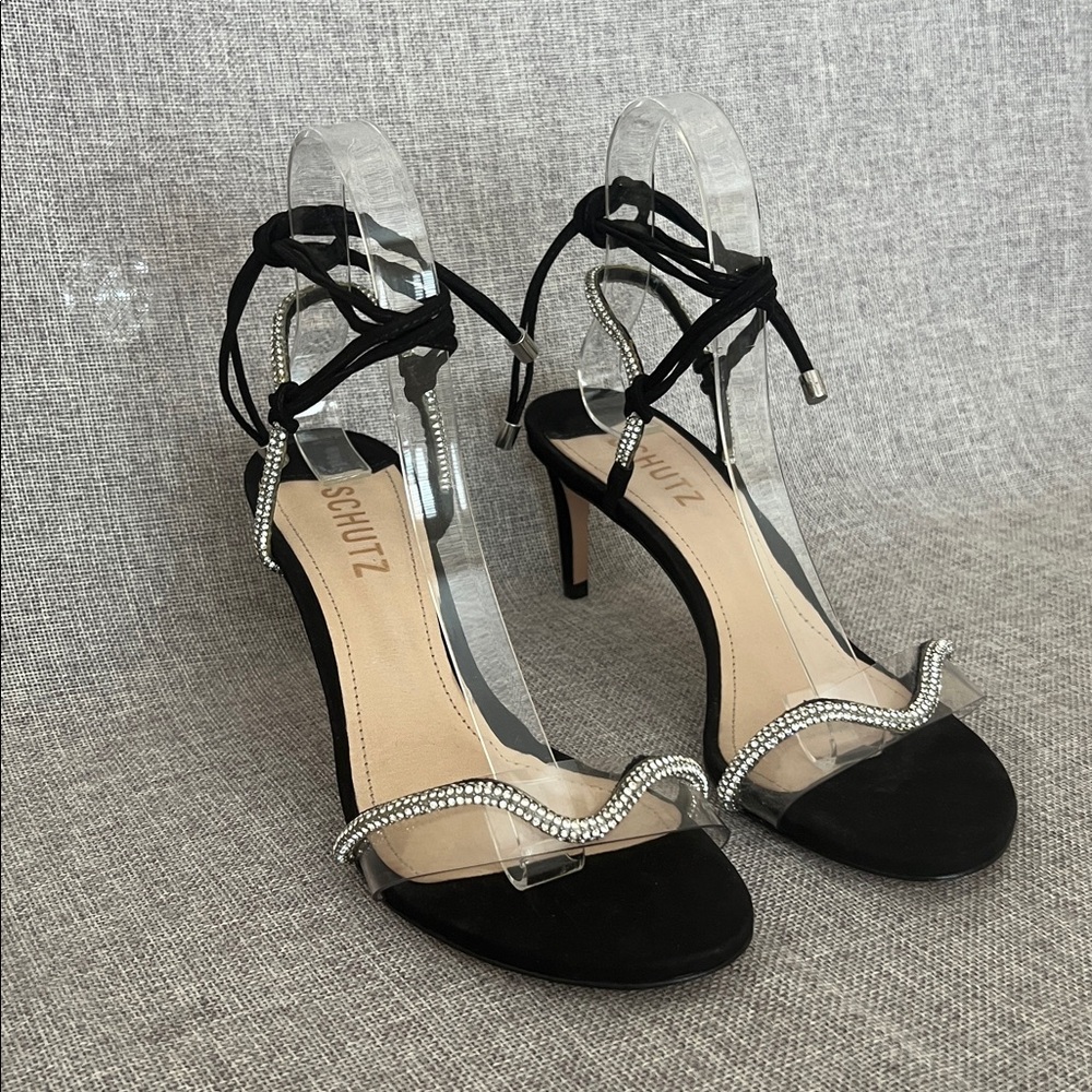 SCHUTZ Black and Clear Rhinestone Heels